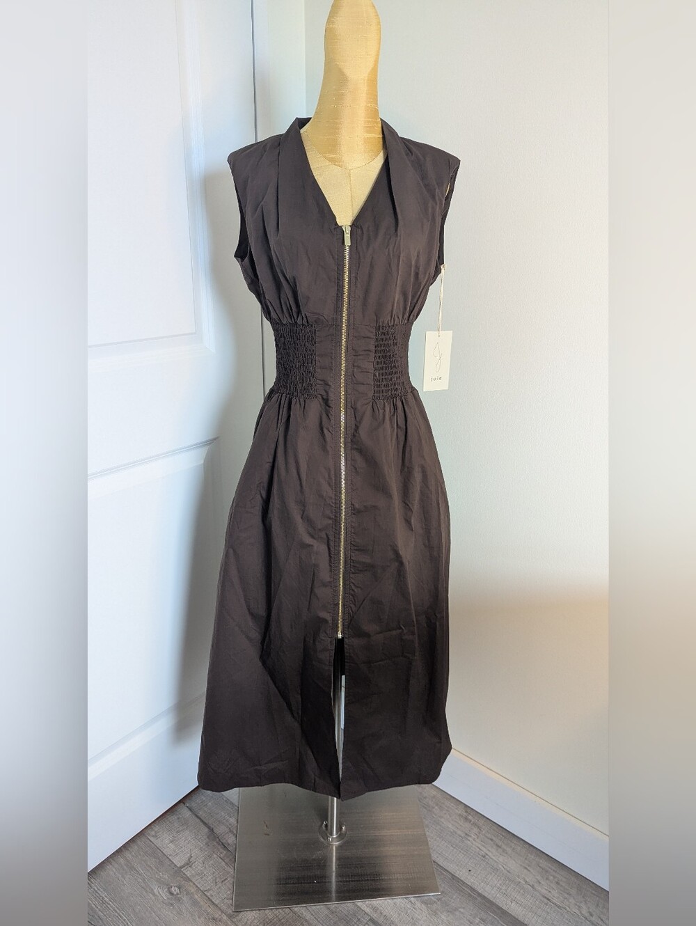 Joie Brown Zip-Front Smocked Waist Midi Dress Size S